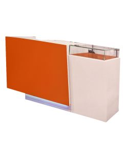 Disk i hvid med glasdisplay. Orange frontplade